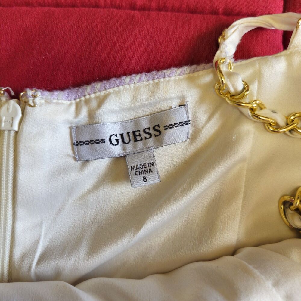 GUESS Caroline Tweed Mini Dress Purple Gingham Chain Strap Size 6 Chic - Picture 15 of 16